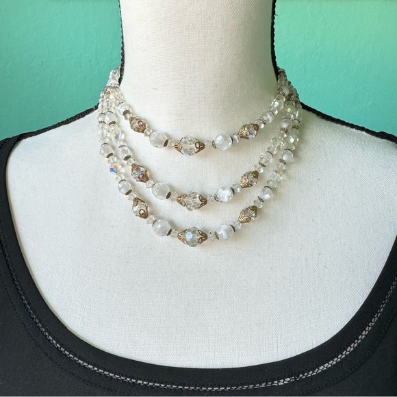Vintage Givre Glass AB Crystal Bead Triple Strand Necklace Filigree Romantic - Picture 13 of 15